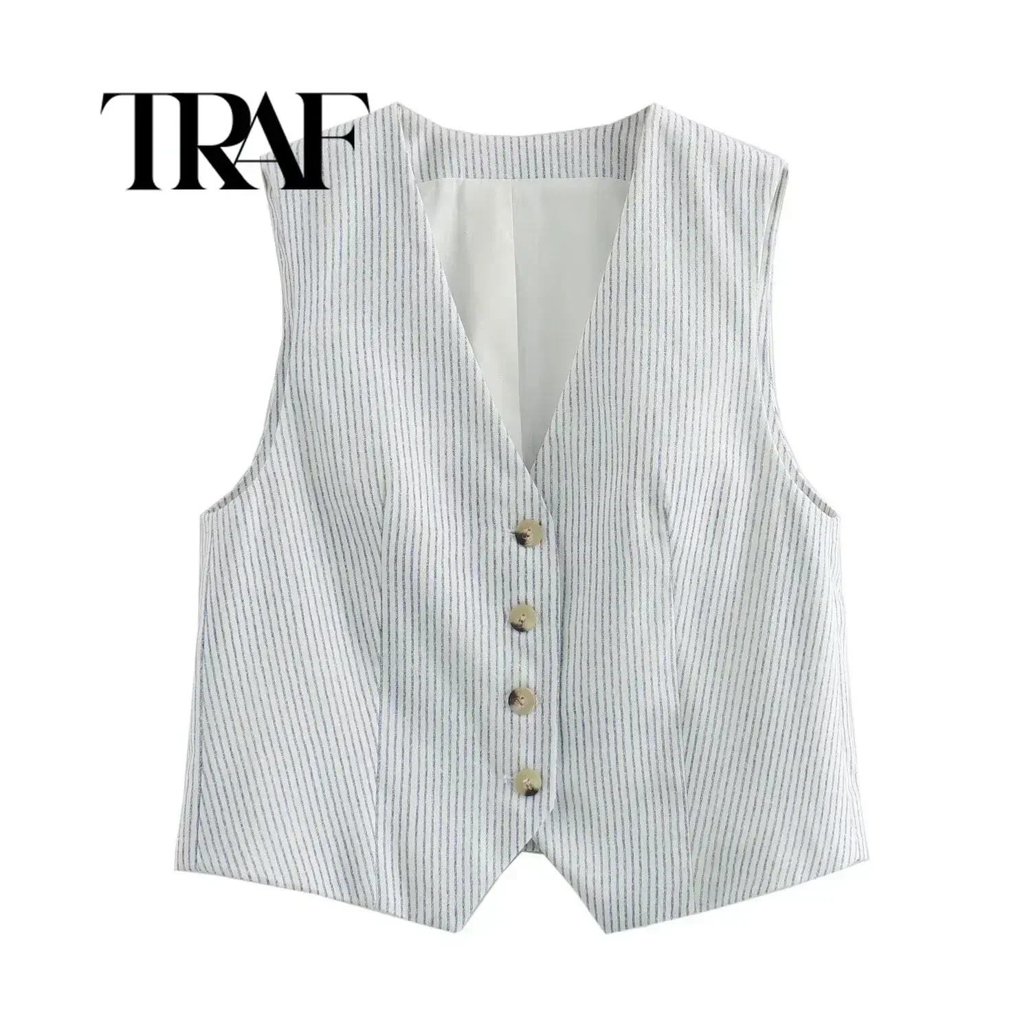 TRAF Women Summer Striped Vests Coats Casual V-Neck Single Breasted Waistcoat Female Elegant Street Short Vest Clothing