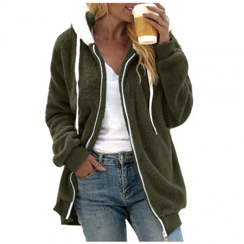 Hot Selling New Autumn and Winter Loose Plush Zipper Hooded Coat for Women's Casual Jacket