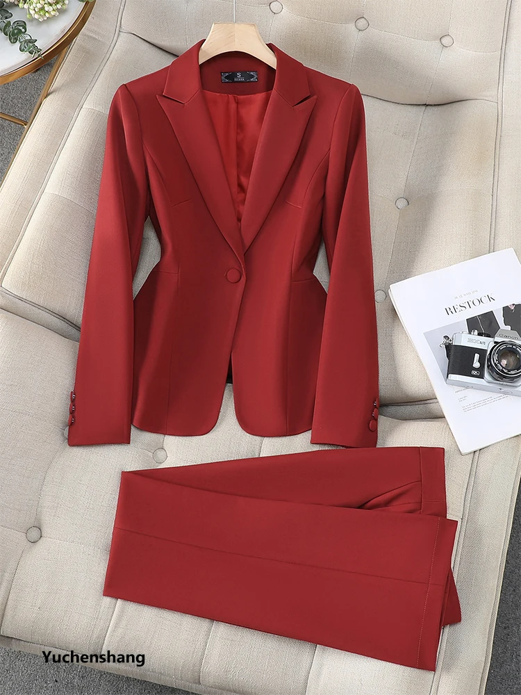 بدلة بناطيل نسائية أسود أزرق أحمر أنثى مكتب السيدات الأعمال ملابس العمل سترة وبنطلون رسمي 2 قطعة السترة مجموعة #3