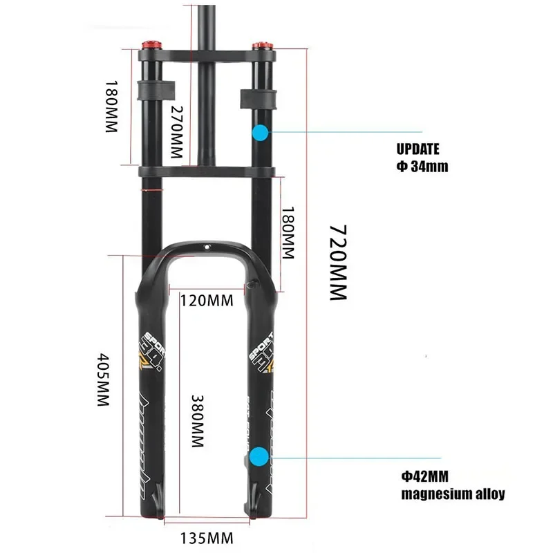 26*4.0 Fat Tire Forks Double Crown Snow Beach Bike Fat Tire Bicycle Air Suspension 135MM QR Fatbike Shock Absorber 180mm Travel