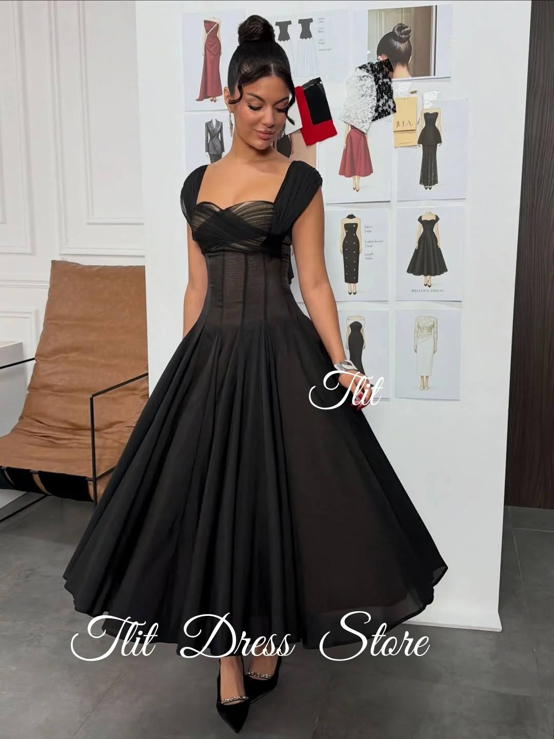 فستان سهرة أنيق من الشيفون الأسود على شكل حرف a من TLIT بدون حمالات فساتين حفلات بحزام سباغيتي وكشكشة مخصصة فيستدوس دي فييستا