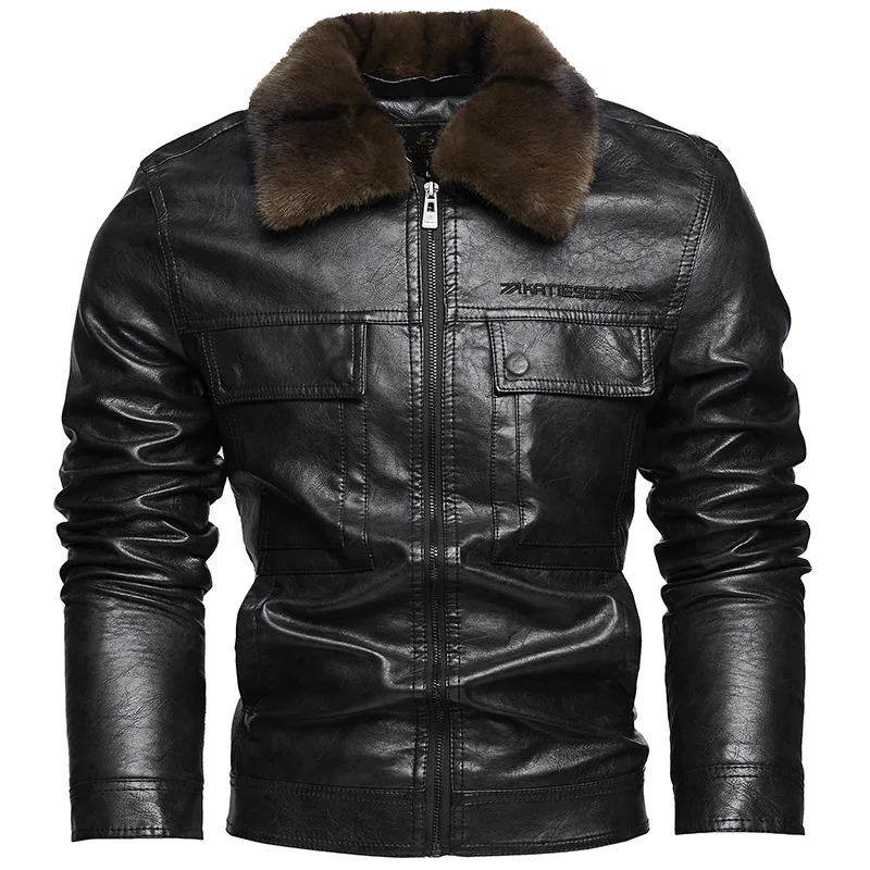 

Winter Men Leather Jacket New High Street Detachable Turn Down Collar Male Outerwear Retro Long Sleeve Pocket Zipper Man Coat