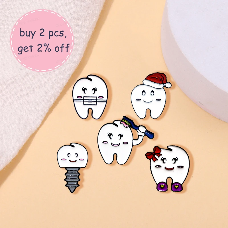 Hot Teeth Toothbrush Metal Enamel Brooch Cute Cartoon Dentistry Badge Pin Trendy Backpack Lapel Jewelry Gifts For Kids Friends