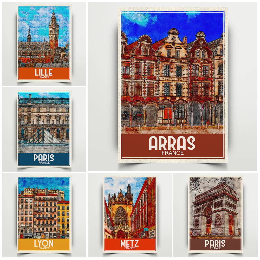 France Citiy Architectural SceneryTravel Poster Louvre Paris Lyon Toulouse City Street Building Wall Art Canvas Painting Decor