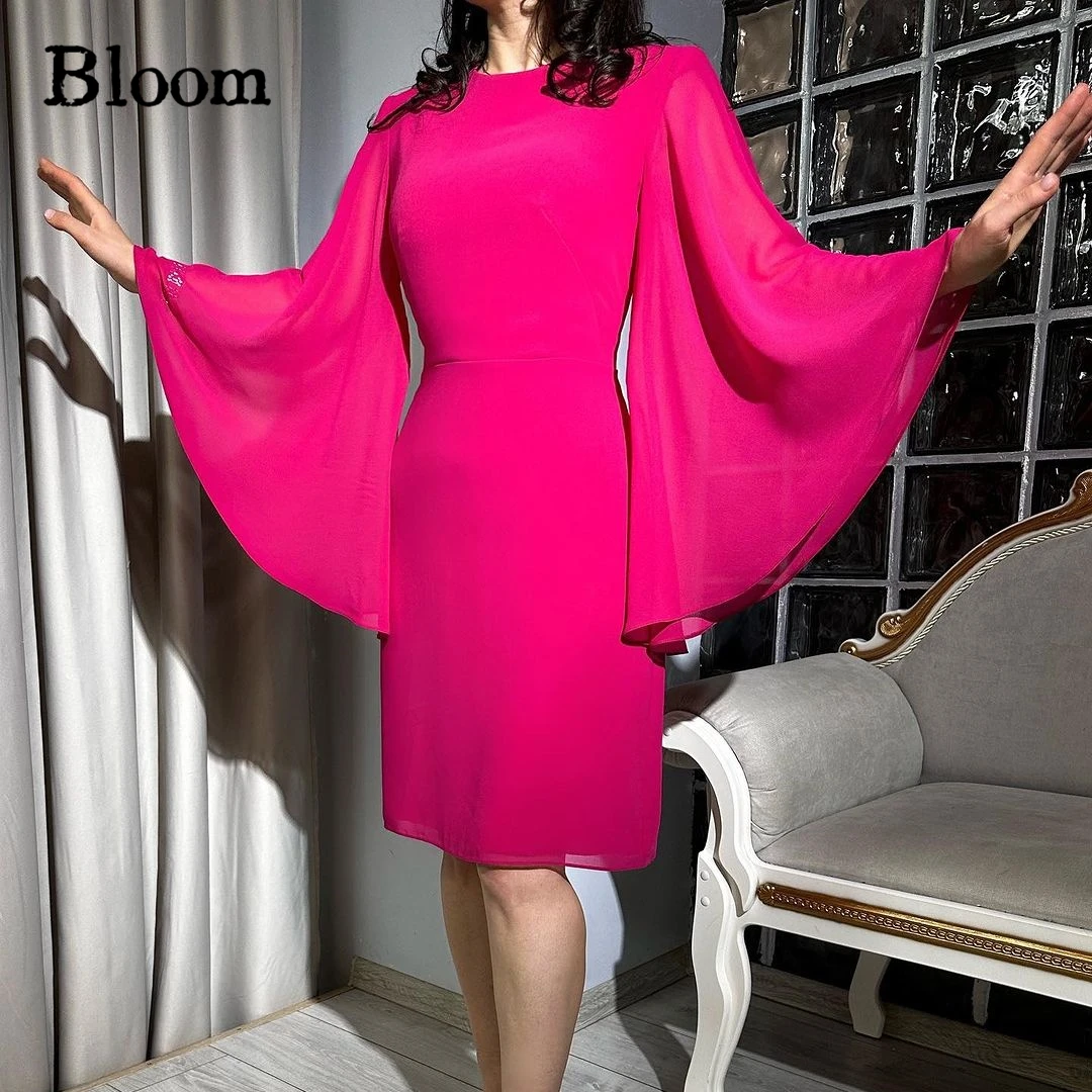 

Bloom Long Flare Sleeves Prom Dresses Knee-length Simple Elegant Straight Evening Dresses Formal Wedding Party Dress