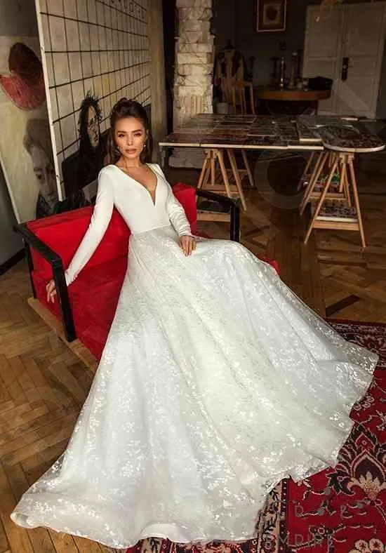 Vintage Satin Lace Wedding Dresses 2022 Long Sleeve V-neck Backless Bridal Gowns White Vestido de Novia Elegant Open Back Long