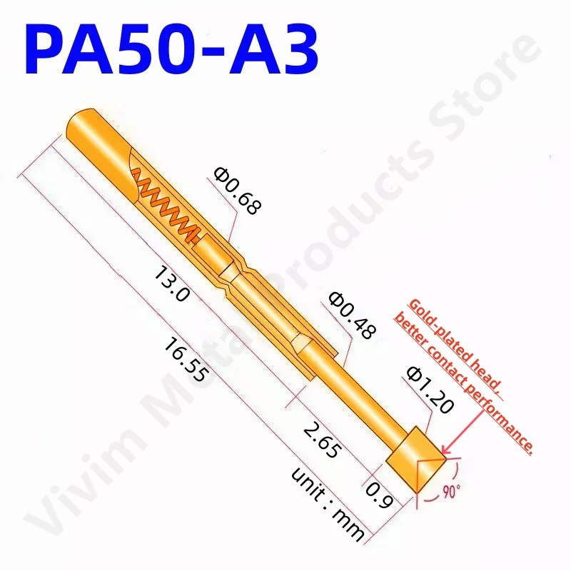 20/100PCS PA50-A3 Spring Test Probe PA50-A Test Pin Test Tool 16.55mm Dia0.68mm Gold Needle Tip Dia 1.20mm Pogo Pin P50-A P50-A3