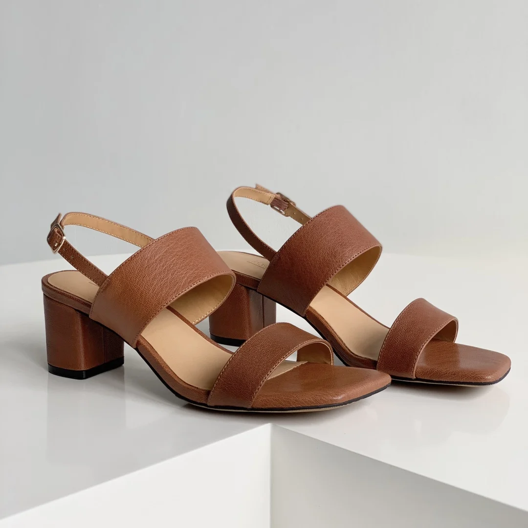 

Women Leather Slingback Block-heel Sandals Double-strap Shoes
