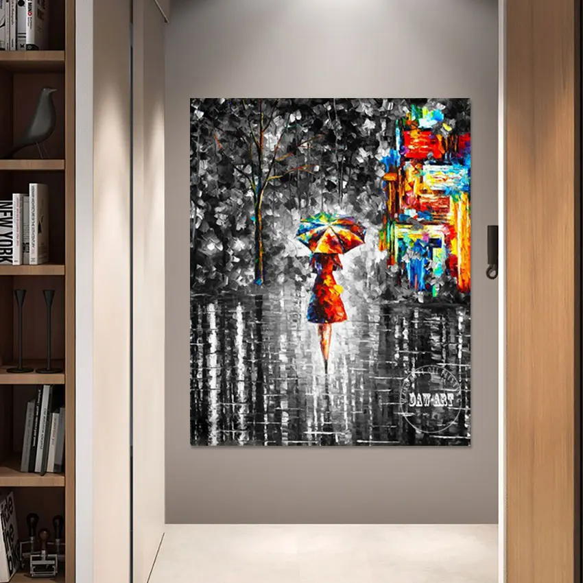 Abstract Figure Oil Painting Canvas Art Wall Unframed Colorful Textured Landscape Picture, The Girl With Umbrella Hand Drawing