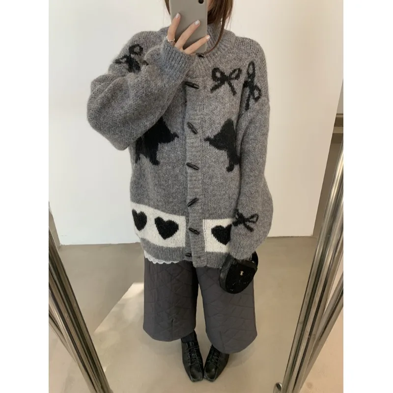 Chique retro preguiçoso sle casaco de malha feminino com botão design solto longo thiened cardigan para primavera outono inverno