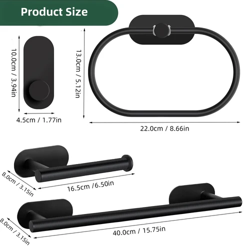 Imagen 2 del producto Sin perforación Acero inoxidable Toallero Sujetador de papel Autoadhesivo Gancho para bata con anilla para toalla Negro mate Plata Juego de accesorios de baño