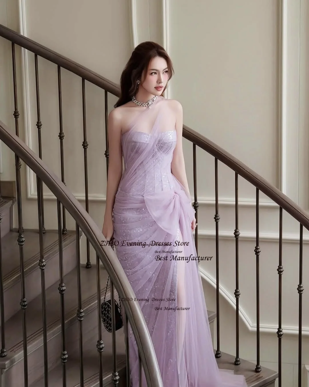 ZHIO الفاخرة الأرجواني الترتر ثوب مسائي الوهم تول ألف خط فستان طويل للحفلات مع القوس الحبيب الطيات فستان حفلات مخصص