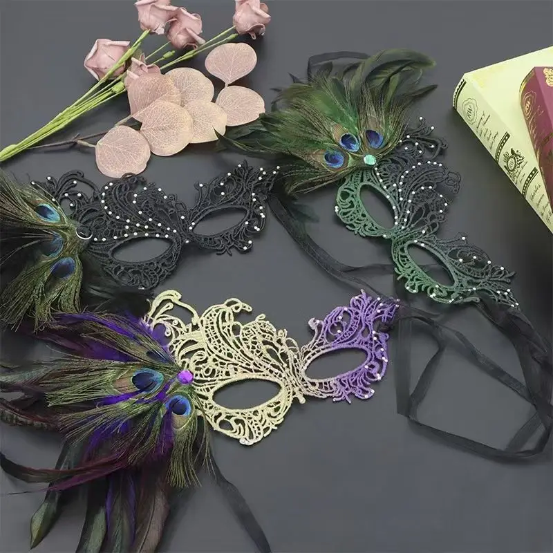 Strass penas de pavão gradiente feminino máscara de baile veneziano traje de halloween cosplay festa de formatura acessórios sexy namoro