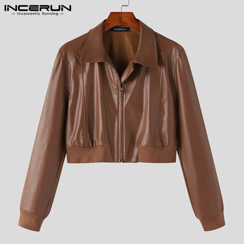 Fashion Men Jackets PU Leather Solid Lapel Long Sleeve Autumn Crop Coats Men Streetwear 2023 Zipper Casual Outerwear INCERUN