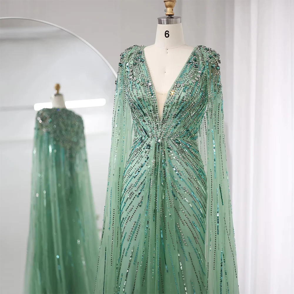 Elegant V-neck uxury Dubai Green Evening Dresses With Cape Fuchsia Crystal Gold Women Wedding Party Gowns Customized فساتين سهرة
