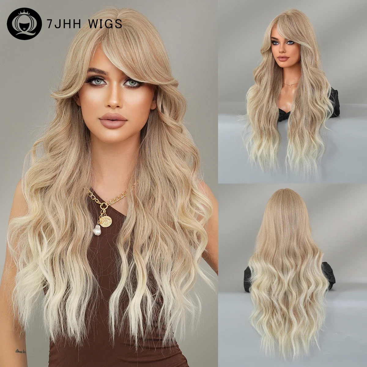 

Loose Body Wave Blonde Ombre White Wig for Women Daily Use High Density Synthetic Middle Part Wavy Hair Wig with Curtain Bangs