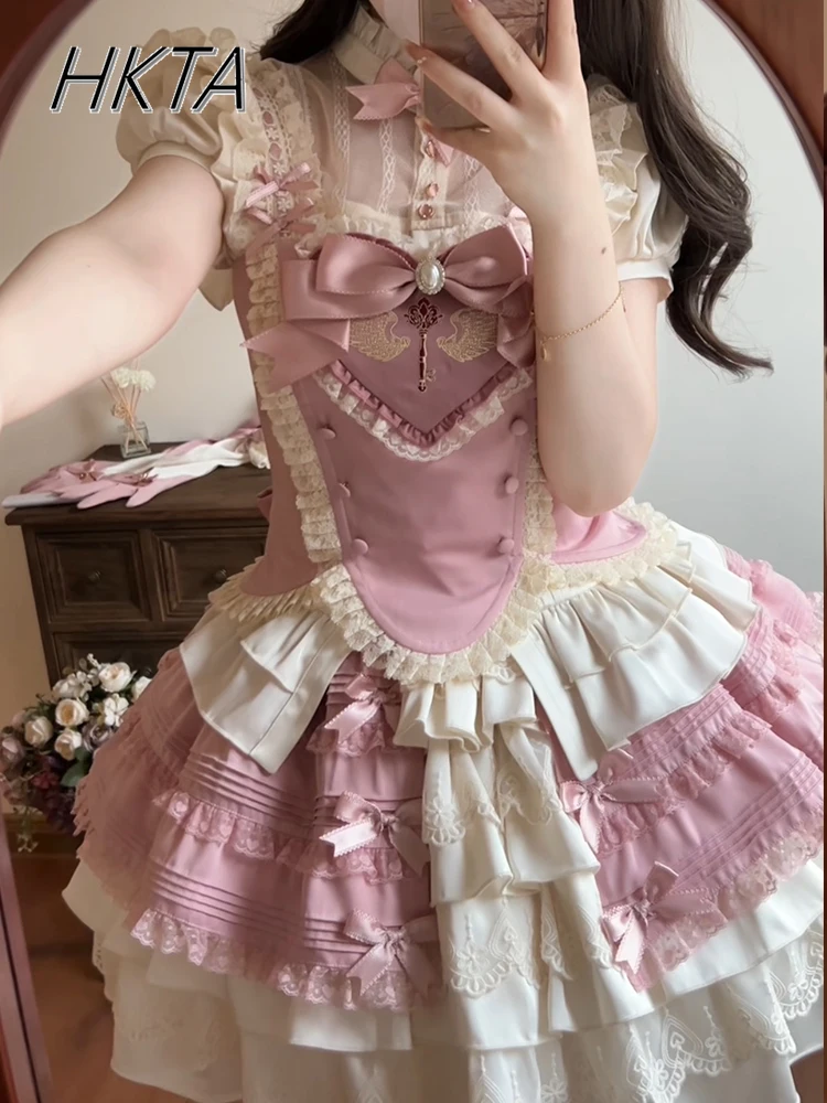 

Lolita Pink Stand Up Collar Bow Bubble Short Sleeve Shirt Top Women Cute Sweet Lace Pleated Puffy Cake Skirt Princess Mini Skirt