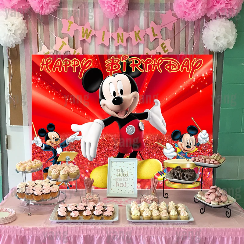 Custom Disney Cartoon Lovely Movie Star Mickey Mouse Birthday Party Decoration Red Stage Backdrop Photography Background