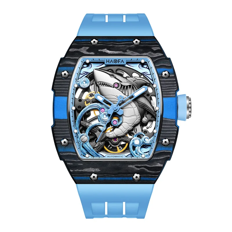 Haofa 3D Shark Automatic Mechanical Watch for Men Double Carbon Fiber Shell Wristwatch Hollow Luminous Mens Watch Causal 1990