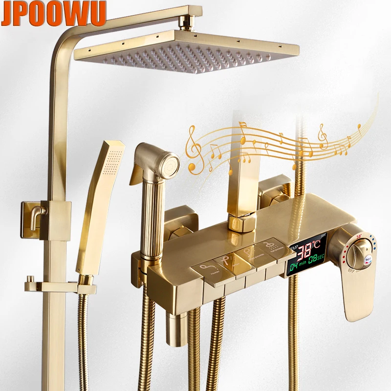 Brush Gold Luxury Rain Shower Mixer Bathroom LED Digital Hot Cold Thermostatic Shower System Bathtub Wall Mount Rainfall Faucets