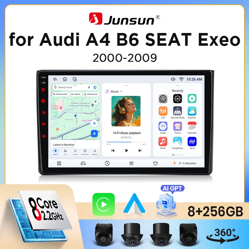 Image of Junsun Kabelloses CarPlay Android Auto Autoradio für Audi A4 (B6) / SEAT Exeo (3R) 2000-2013 mit integriertem Lüfter, Android GPS-Navigation, Multimedia-Player, WiFi, DSP, RDS, BT, SWC,