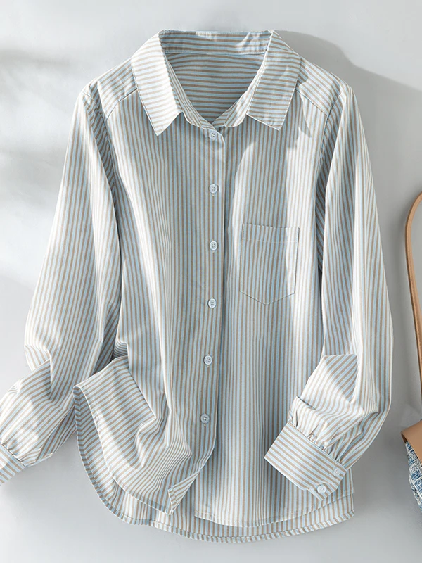 

Retro Color Blo Striped Long Sve Women's irt Spring Autumn Casual Loose Single Buttoned Outerwear Slimming Top