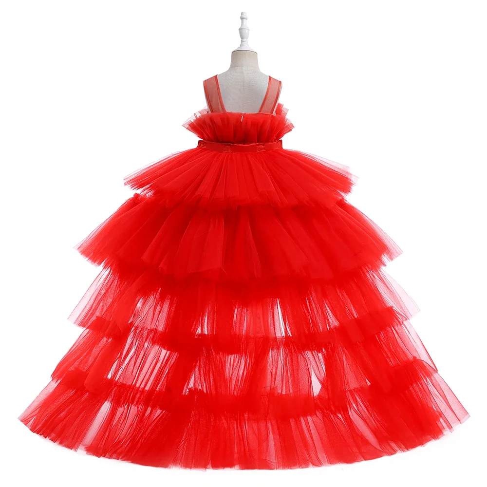 Red Puffy Tulle Flower Girls Dress Trailing First Communion Party Dresses For Girl Children Costume Princess Birthday Clothes