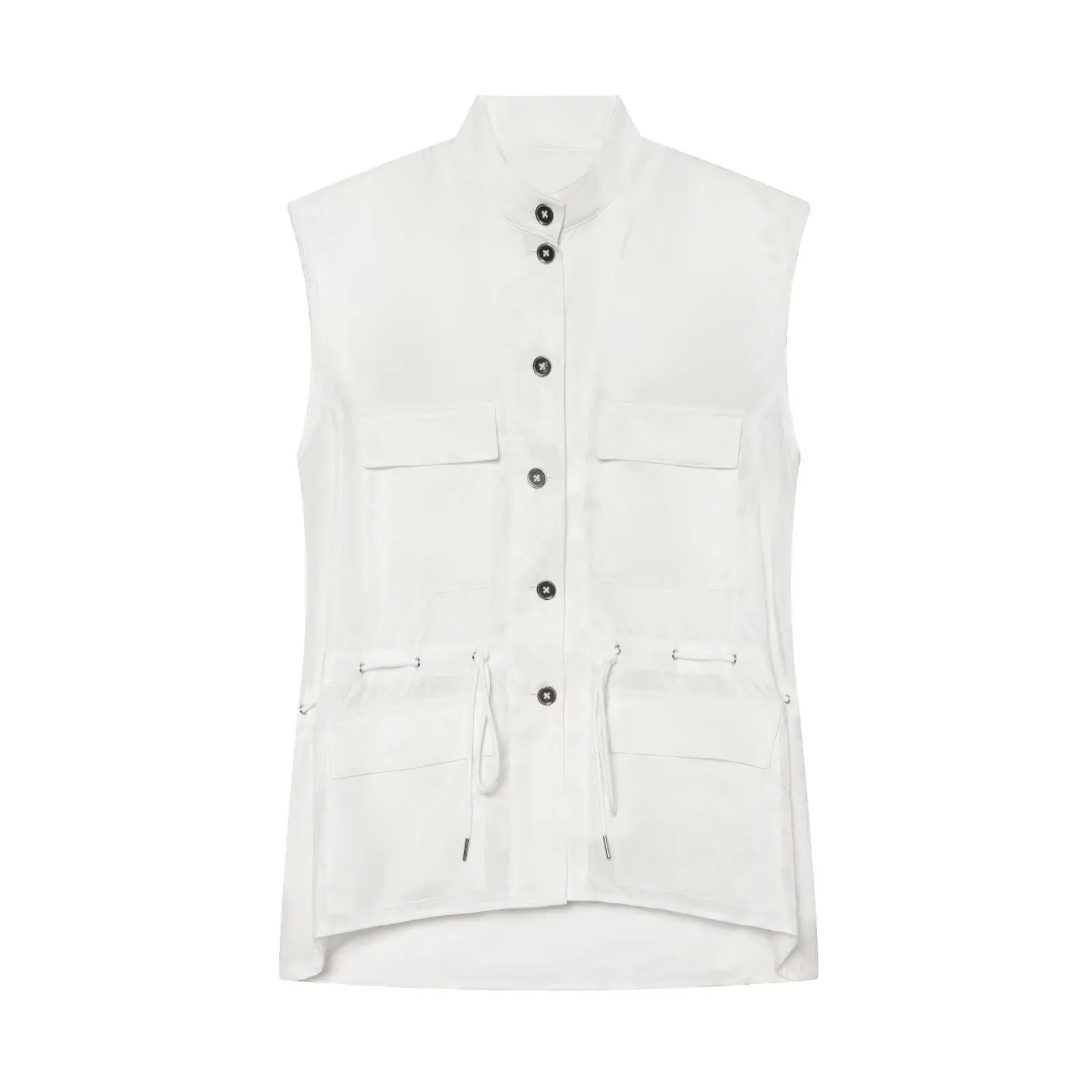 Women White Fashion Vest Summer Female Sleeveless Vest Lady Stand Collar Multi-Pocket Waist Drawstring Single Breasted Waistcoat