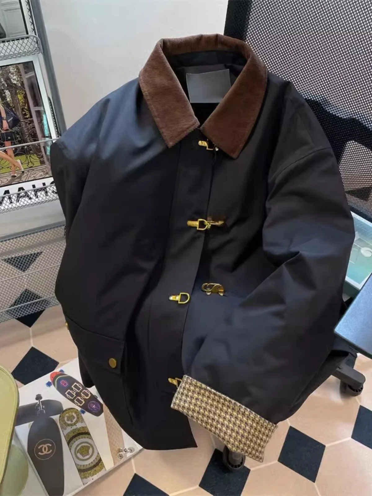 plus Size 300 Pounds Jacket Coat Men's Women's Vintage Corduroy Plaid Splicing Cotton Wear Resistant Durable Autumn Outerwear