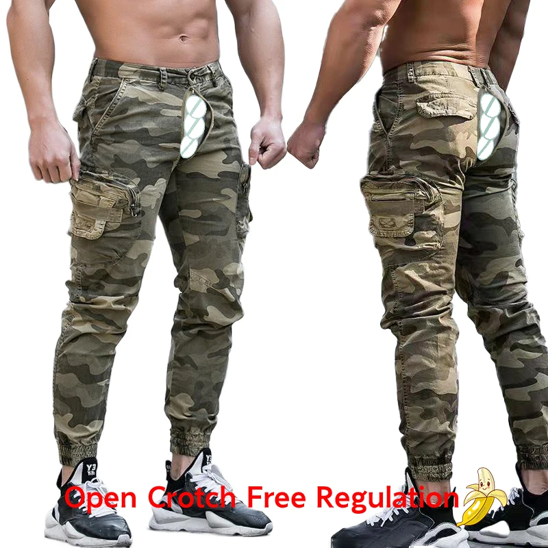 Open Crotch Camouflage Cargo Pants Men Casual Loose Sweatpant for Men High Quality Mens Joggers Drawstring Trousers Outdoor Sex