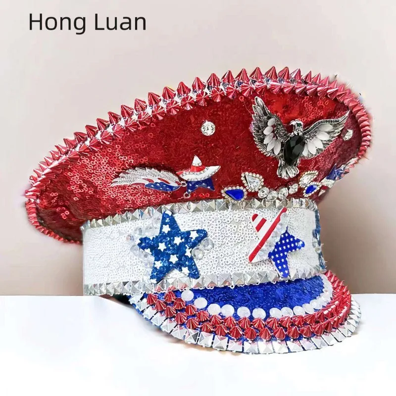 Unique Original Red Eagle Sequin Rhinestone Nautical Hat Eye-catching Decor for Party Masquerade Stage Show Festival Headwear