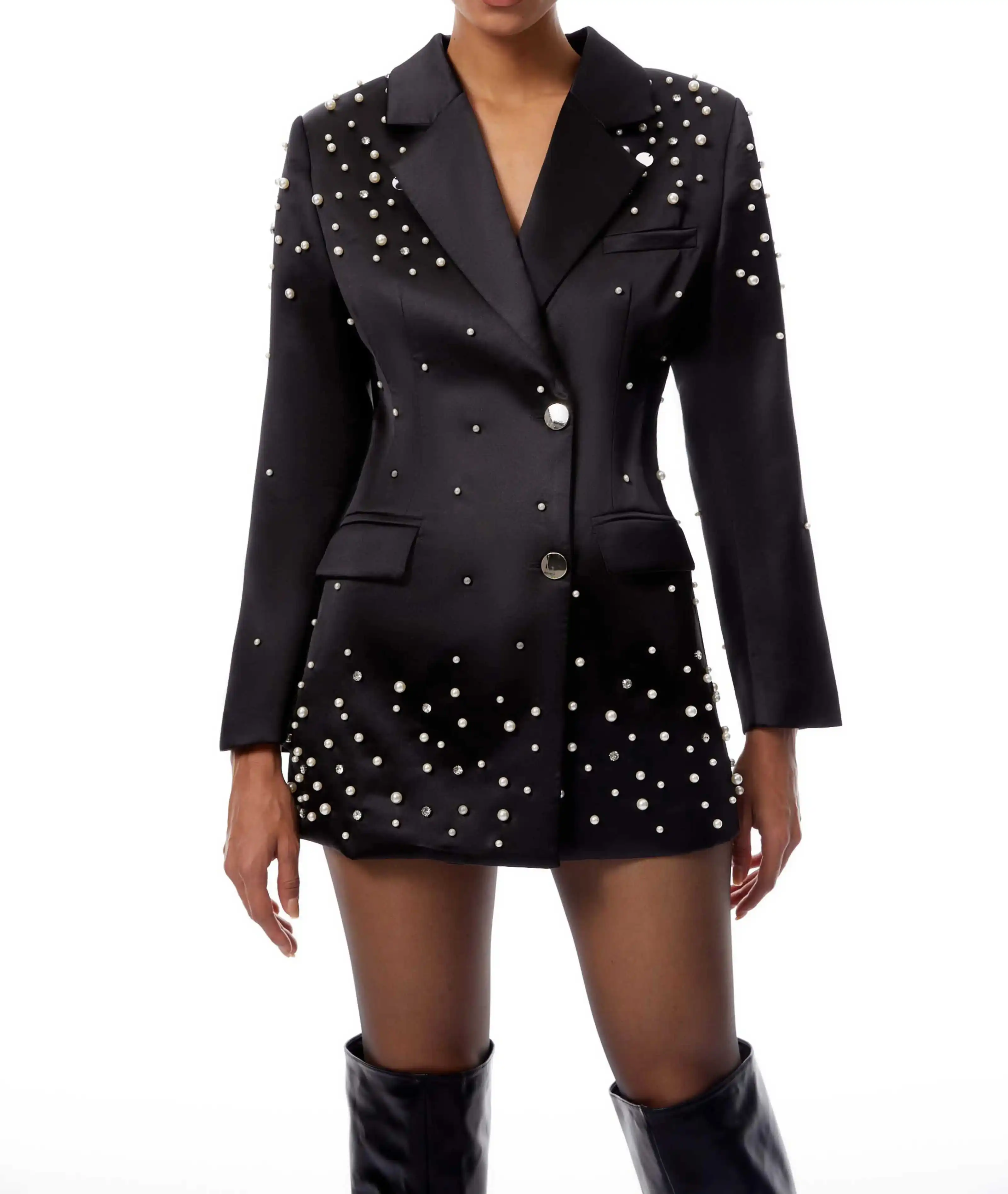 بدلة نسائية من قماش الجاكار قطعة واحدة سترة بقصة ضيقة واحدة الصدر بلغت ذروتها وطية صدر السترة واللؤلؤ والكريستال مناسبات خاصة معطف مكتب مخصص