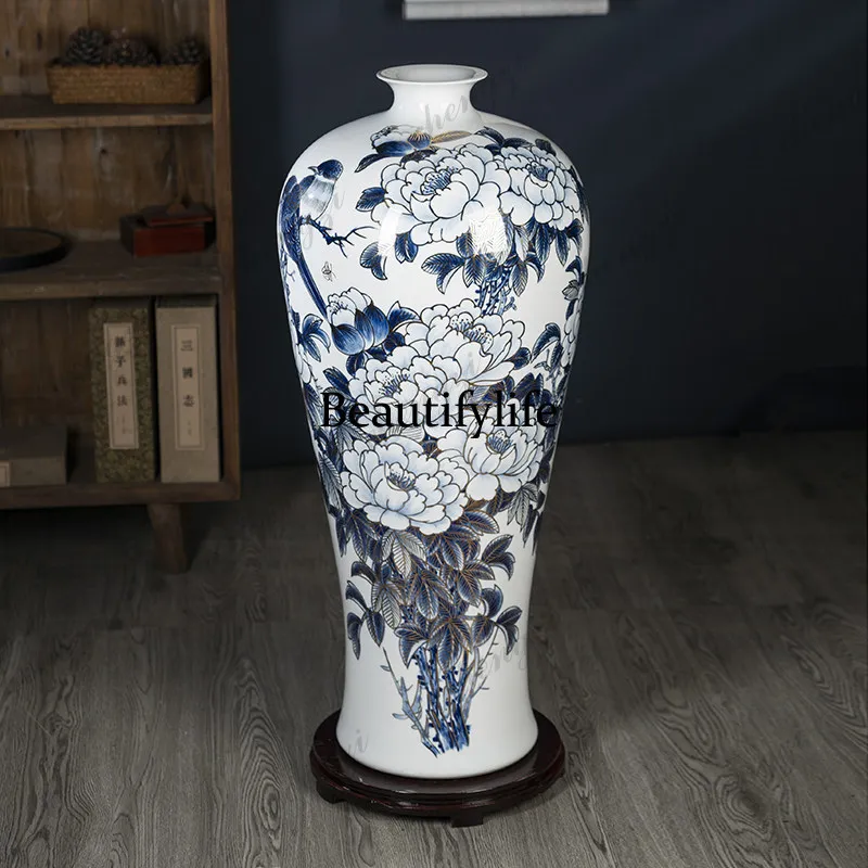 Jingdezhen ceramic light luxury hand-painted gold-painted peony floor-to-ceiling large vase living room