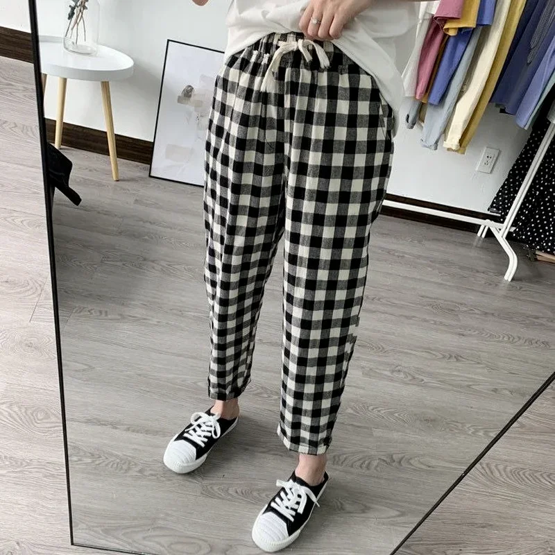 2024 Spring Summer Plaid Pants Women\'s  Harem Pants Capris Drawstring Waist Large Size Casual Loose Cotton Linen Trousers Women