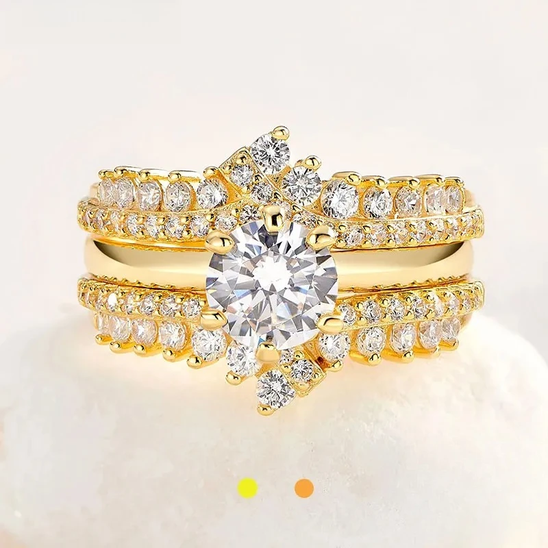 

Yellow Rose Gold 925 Sterling Silver Solitaire Engagement Ring for Women Enhancer Wedding Band Set AAAAA Zircon Jewelry