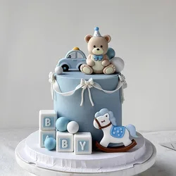 Blue & Pink Bear Cake Toppers BABY Blocks Building Blocks Car Trojan Horse for Boy Girl Baby Shower Birthday Party Decoration