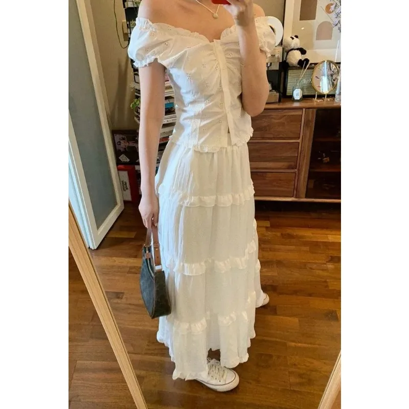 

Women's White 2 Piece Outfit Off Shoulder Eyelet Embroidered Crop Top Tiered Ruffle Maxi Skirt Set Boho Beach Dress