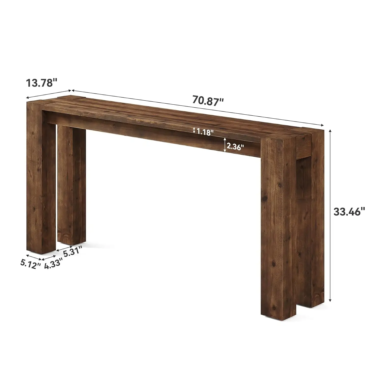 Solid Wood Console Table 70.9-Inch Long Farmhouse Sofa Table Behind Couch Living Room Foyer Hallway Rustic Brown, Customized
