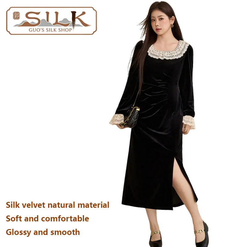 

High-end Silk Velvet Women's Dress - French Style Elegant Lace Patchwork Casual Dress - Luxury Fashion for Women