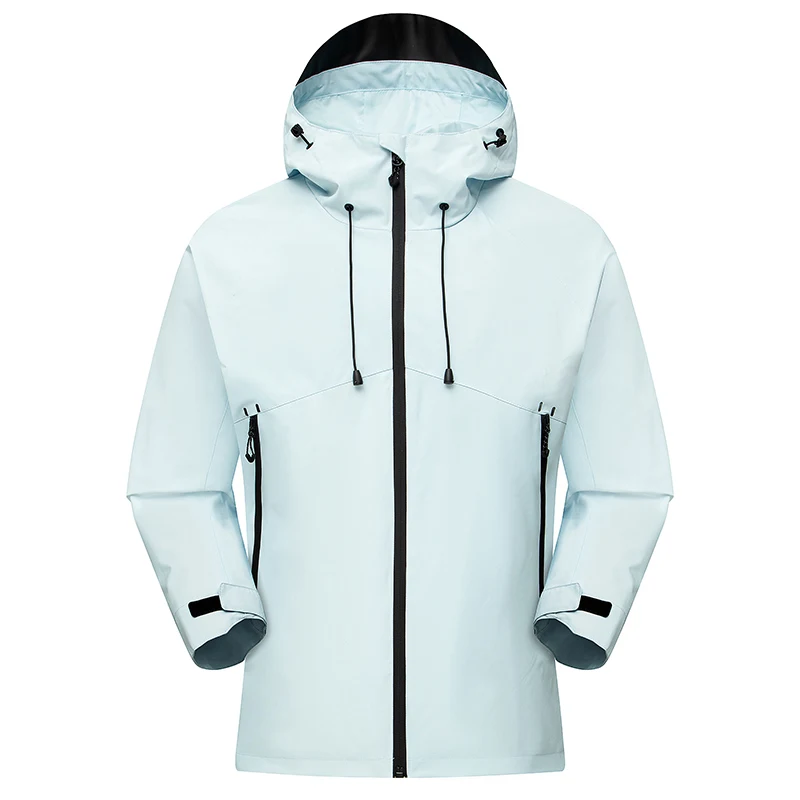 Unisex Waterproof Windproof Hooded Jacket Full‑Zip Zipper Pockets Drawstring Hood Adjustable Cuff Outdoor Hiking Rain Coat