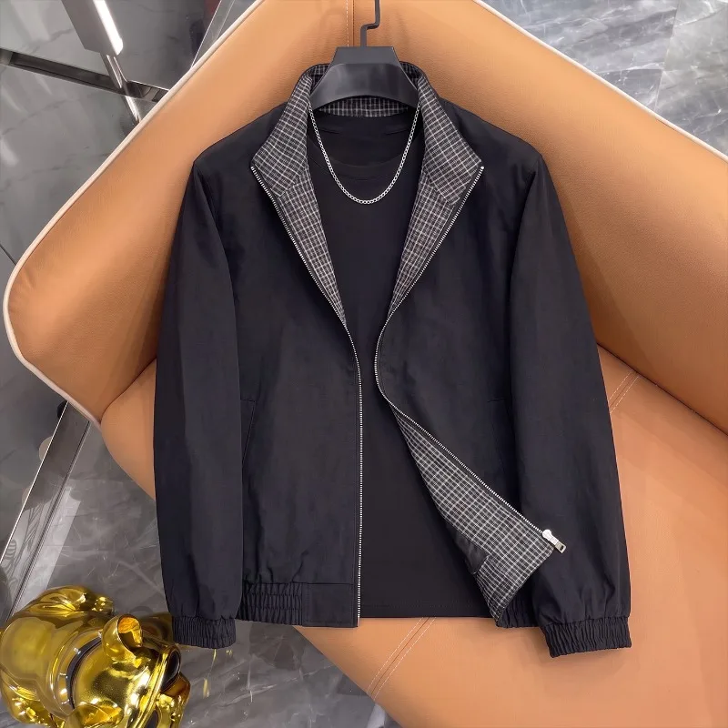 2026 Autumn Luxury Color Blocking Men's Zipper Jacket Stand Collar Casual Bomber Jacket Windproof Outdoor Social Business Coats
