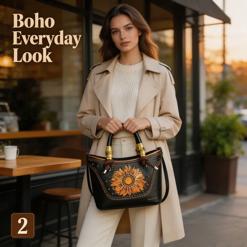 Women Vintage Sunflower Embossed Tote Handbag Faux Leather Decorative Handle Detachable Shoulder Strap Large Capacity Purse