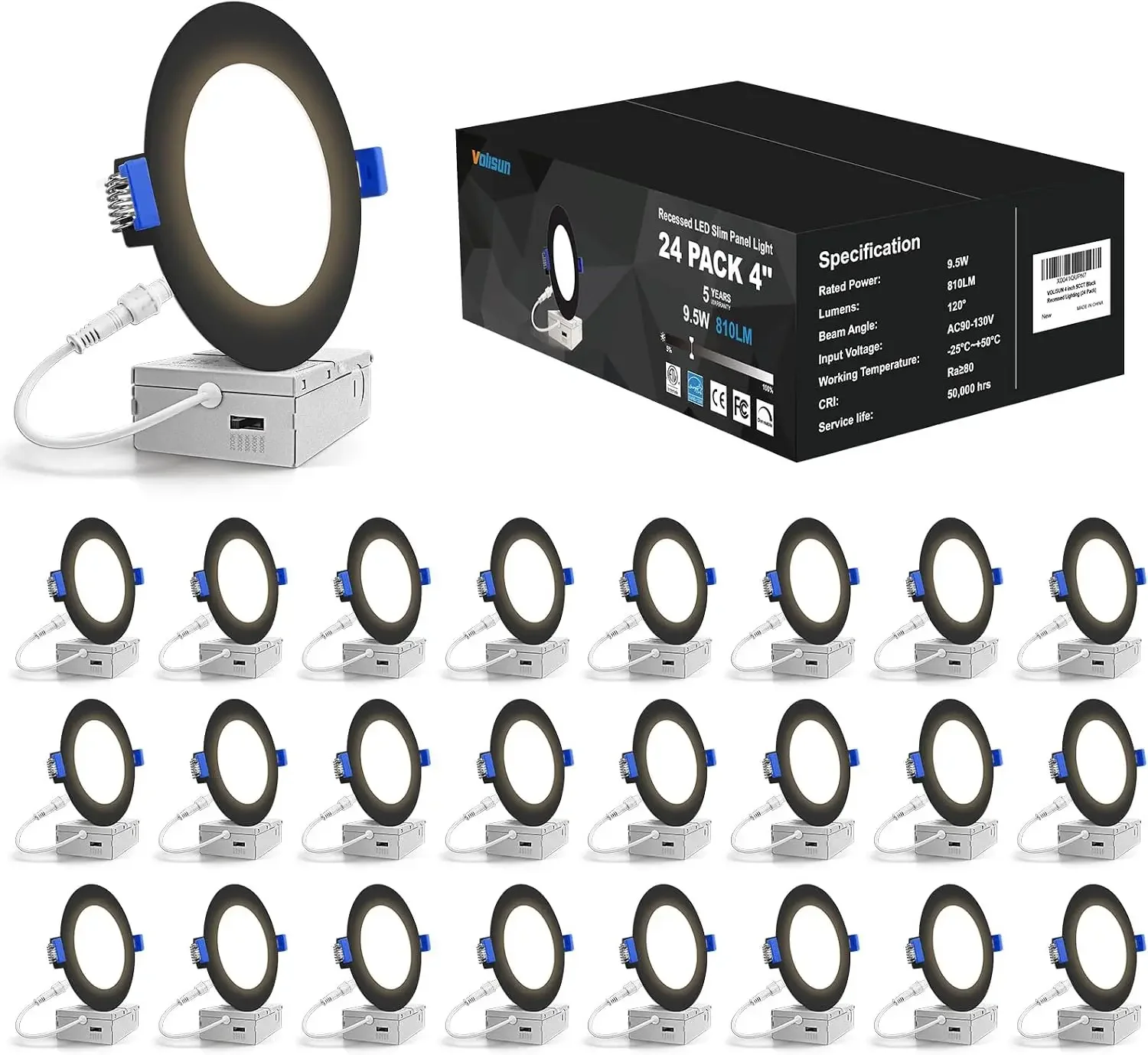 24 Pack 4 inch Recessed Lighting, 5CCT LED Recessed Light Black, 2700K-5000K Selectable, 9.5W Eqv 80W, 810LM Dimmable Canless Wa