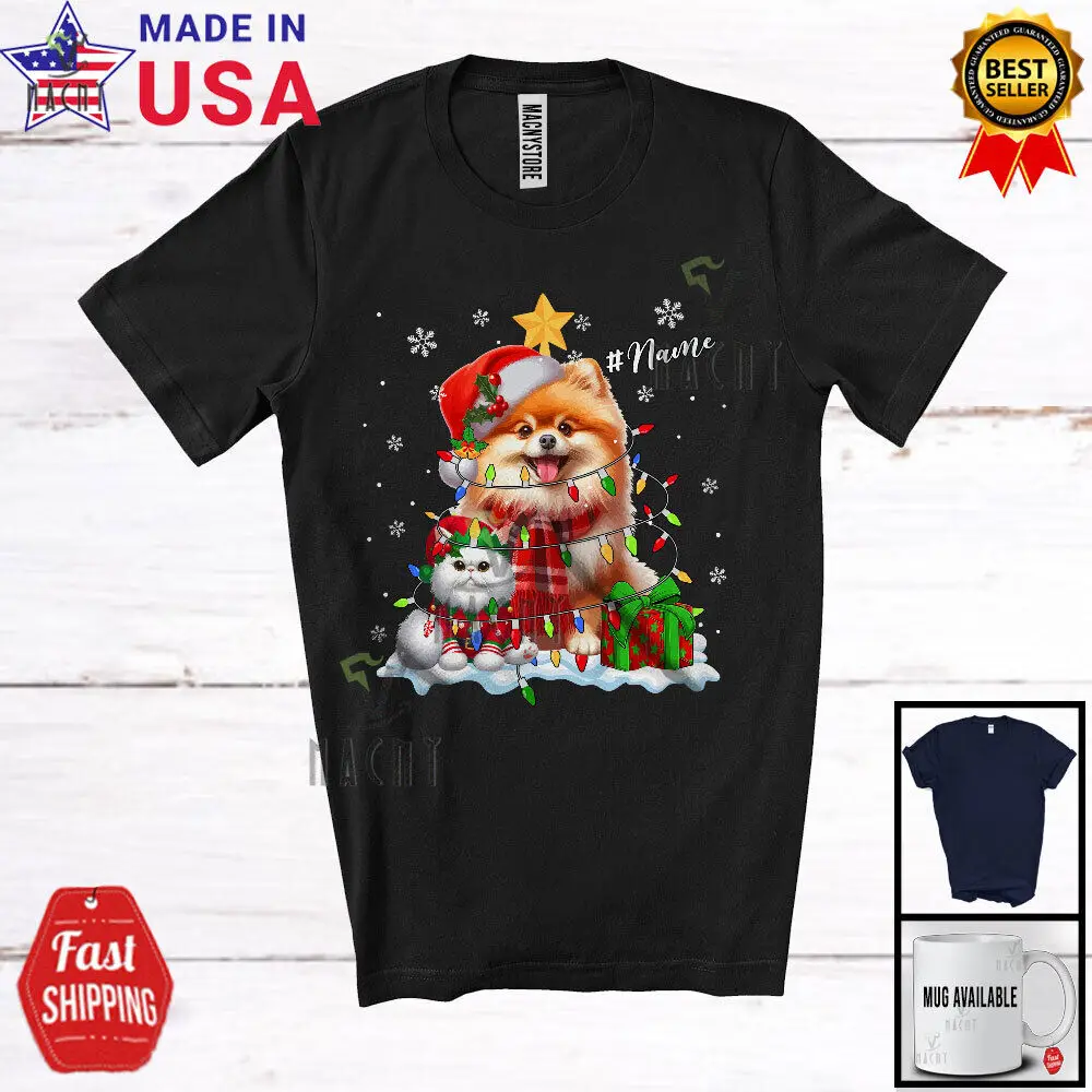 

Custom Name Pomeranian In Christmas Lights; Lovely X-mas Elf Cat Owner T-Shirt