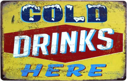 Cold Drinks Here, Metal Tin Sign, Vintage Art Poster Plaque Bar Kitchen Home Wal