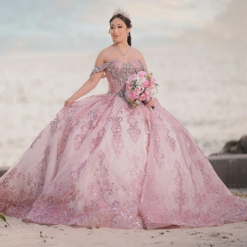 

Pink Shiny Quinceanera Dresses Ball Gown Off The Shoulder Sequin Applique Lace Beading Crystal Bow Tull Corset Party Birthday
