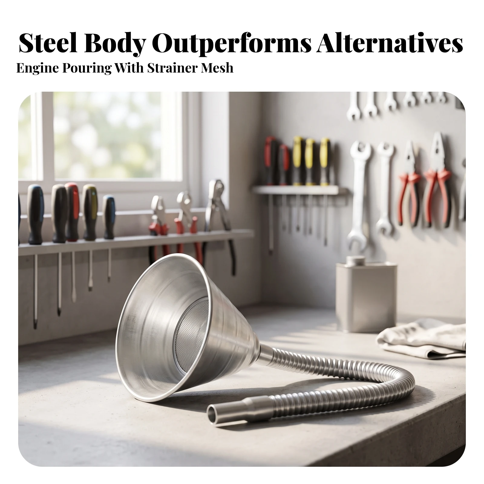 Steel Bendable Spout Funnel with Filter Hard-to-Reach Metal Funnel with Flexible Spout Clean for Mechanics, Garages, Workshops