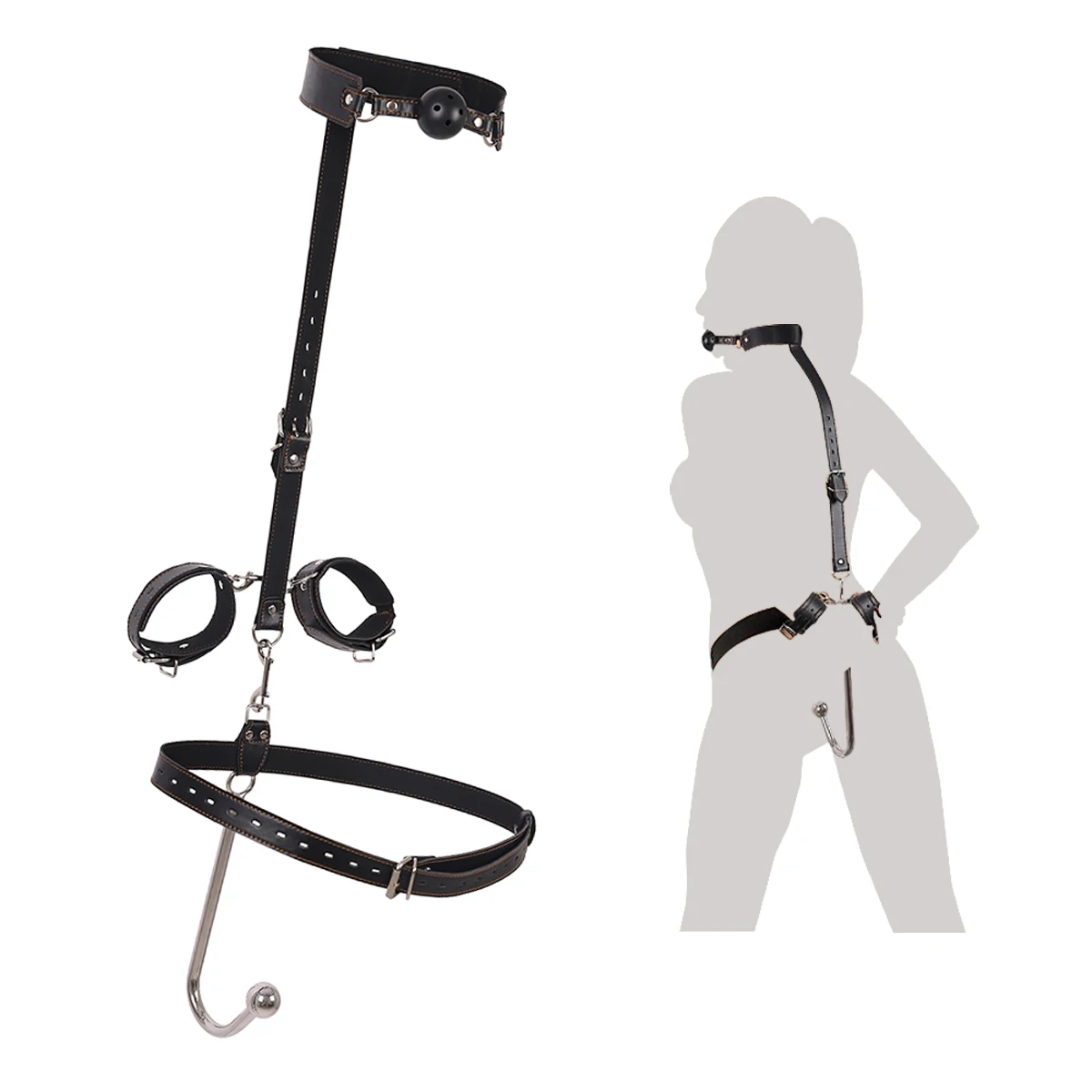 BDSM anal hook leather set, sex assist position, metal hook restraint, belt mouth plug handcuffs, adult sex toys