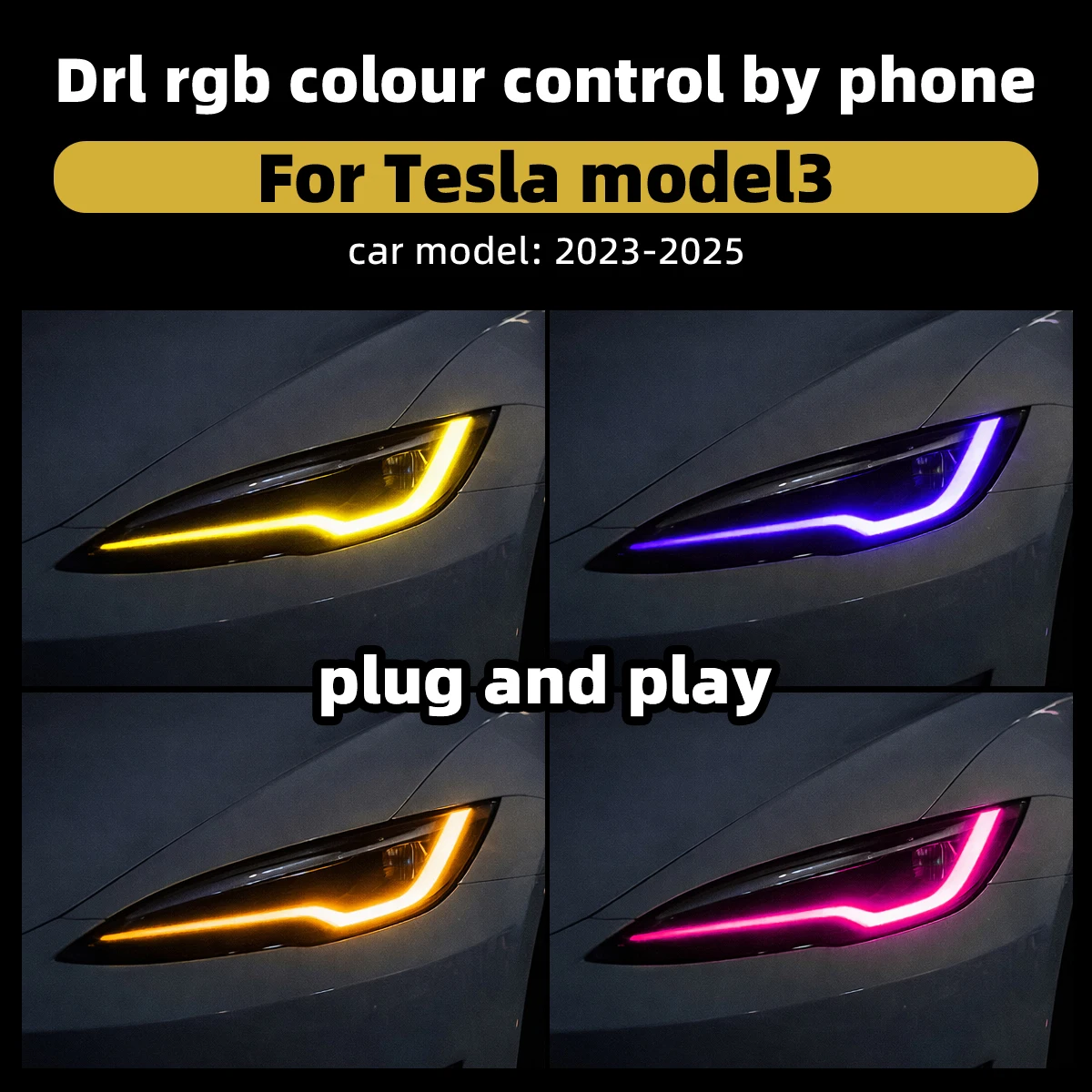 RGB LED DRL Module APP Color Control For Tesla Model 3 2023-2025 Plug and Play Daytime Running Light view 3