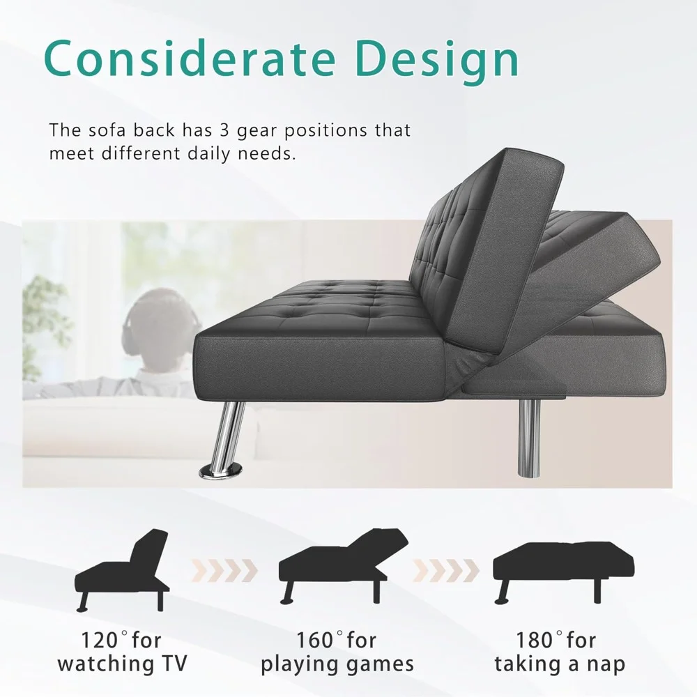 أريكة فوتون حديثة قابلة للطي وسرير كرسي قابل للتحويل مع حامل أكواب ومساند للذراعين قابلة للإزالة من جلد البولي يوريثان باللون الأسود #6